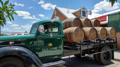 St Clair Winery truck and barrels